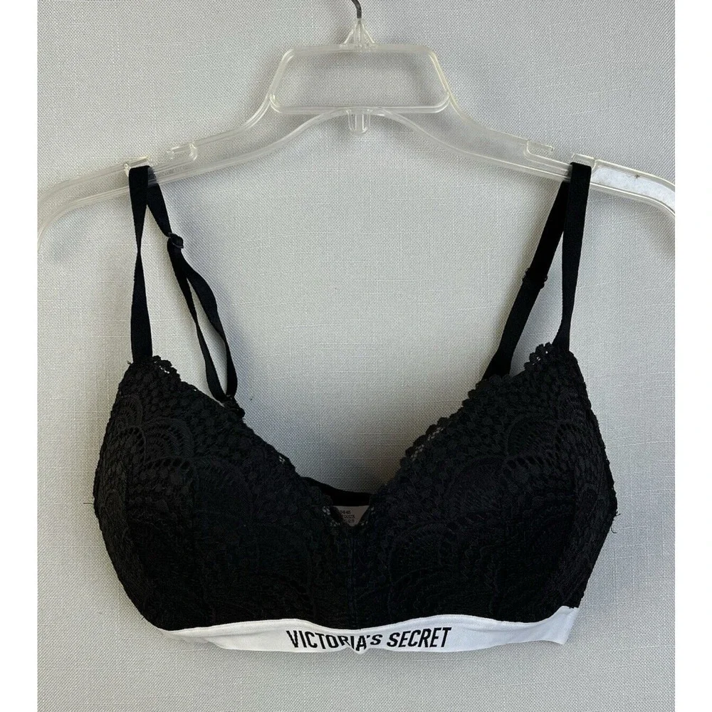 Victoria's Secret Bra Women's 36C Black Lace Lightly Padded No Wire Logo